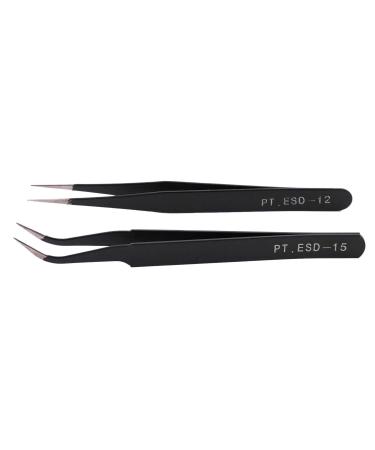 Nail Art Rhinestones Eyelashes Straight & Curved Tweezers Set-Black