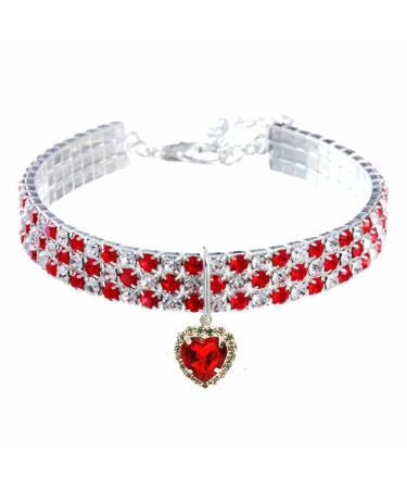 Rayminsino pet necklace with rhinestones elastic adjustable with gemstones peach-heart and heart band for kitten and dogs M pink red white