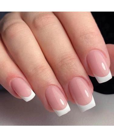 24Pcs White French Tip Press on Nails - Short French False Nails Square/Milky Fake Nails with Nail Glue Stick on Nails for Women French Press on Nails Fake Nail for Nails Art(French & White)