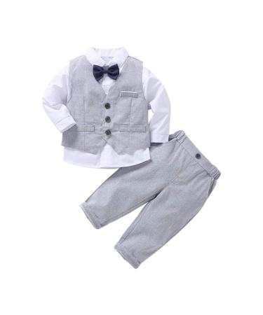 AmzBarley Baby Boys Gentlemans Outfit Suit Kids Long/Short Sleeve Dress Shirt Pants Vest Bowtie Tuxedo Rompers Childs Birthday Evening Holiday Party Grey 247 3-4 Years