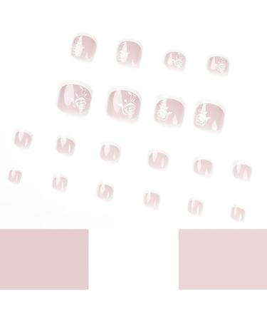 24Pcs Square False Toenails Glossy French Rose Flower Press on Toenails Nude Pink Stick on Toenails Short Acrylic Full Cover Summer Fake Toenails for Women and Girls Daily Decorations White Rose Flower - Buy Online on SooperMarket.com