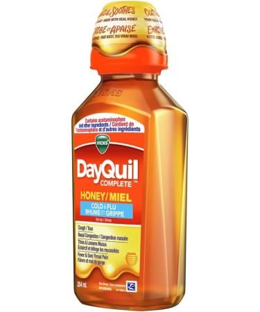 Vicks DayQuil COMPLETE Cold and Flu Medicine Liquid Medicine Honey Flavour Daytime Non-Drowsy relief for Cough Fever Sore Throat Pain Sinus congestion Sinus Pain Chest Congestion 354 ml - Buy Online on SooperMarket.com