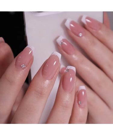 JUSTOTRY 24 pcs Diamond Fake Nails Medium White French Press on Nails Patterns Nude Ballerina Stick on Nails for Women Acrylic Coffin Medium False Nails with Glue for Nail Art white& Diamond1