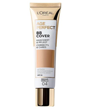 L'Oreal Paris Age Perfect BB Cream 04 Medium Vanilla light-weight Infused with hydrating serum Vitamin B3 SPF 50 04 Medium Vanilla 1 Count (Pack of 1)