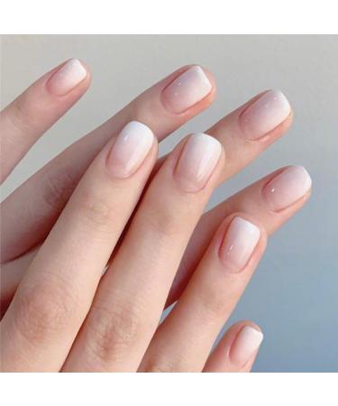 Brishow Coffin False Nails White Short Fake Nails Gradient Acrylic Press on Nails Full Cover Stick on Nails 24pcs for Women and Girls Milky white