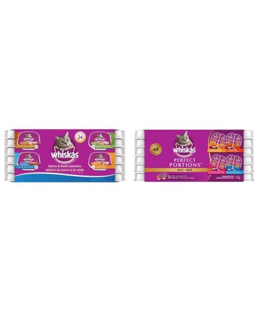 WHISKAS Salmon and Poultry Selections Adult Wet Cat Food Pat + WHISKAS Perfect Portions Adult Wet Cat Food (Chicken Beef Whitefish and Tuna Salmon) Wet Cat Food + Wet Adult Cat Food Salmon & Poultry Selections 100 g (Pack of 24)