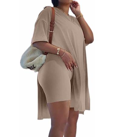 Difanlv Plus Size Women's 2 Piece Brown Tracksuit Set - Short Sleeve Tunic Top & Bodycon Shorts | Size Large - Buy Online on SooperMarket.com