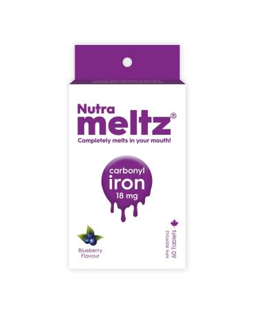 Nutrameltz - Carbonyl Iron Supplement for Women 18mg 60 Tablets - Energy Boost Immunity Boost Detoxing and Focus Supplement - Iron Supplement for Pregnancy - Great Taste Blueberry Flavour