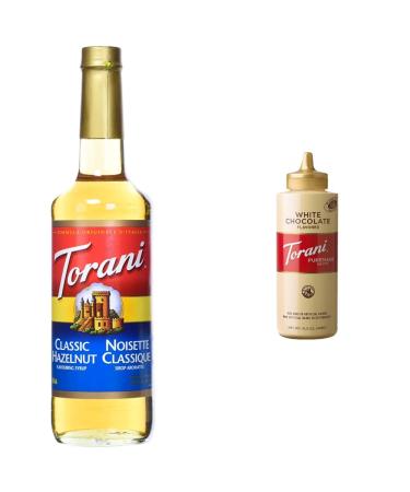 Torani Hazelnut Classic Flavour Syrup 750 Milliliter & White Chocolate Squeeze Sauce 16.5 Fluid Ounce (1 pack)
