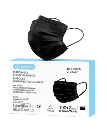 Medi Sant 100 pieces + 2 medical surgical black one-way disposable masks in black protective mask Type iir EN14683-2019 BFEiquely 3-layer black 102