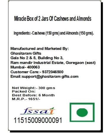 Jaiccha Ghasitaram Miracle Box of 2 Jars of Cashews and Almonds|Gift for Diwali Gifts Holi Rakhi Valentine Christmas Birthday Anniversary Her Him| - Buy Online on SooperMarket.com