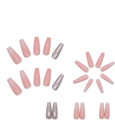 RUNRAYAY Pink French Press on Nails with Sequins Design - Gradient Fake Nails for Women | Acrylic Full Cover Coffin Spring Summer - Buy Online on SooperMarket.com