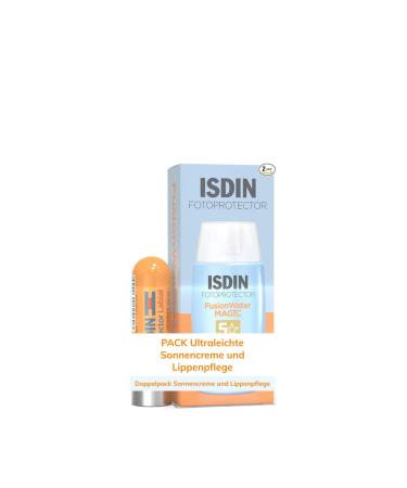 ISDIN PACK FusionWater Magic LSF 50 ultra -light sunscreen for the face with water formula 50 ml and lip balm with LSF 30 which protects the lips fusion water magic pack