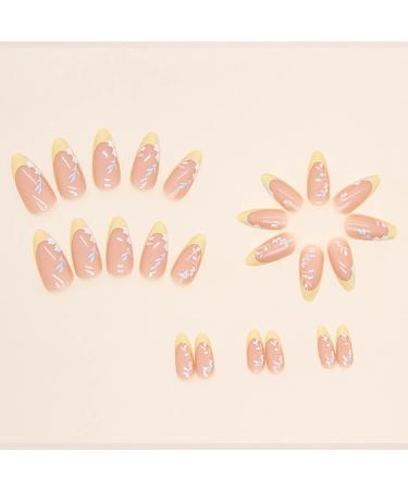 RikView French Tip Press on Nails - Medium Length Almond Glossy Yellow Acrylic Fake Nails | Perfect for a Chic Look - Buy Online on SooperMarket.com
