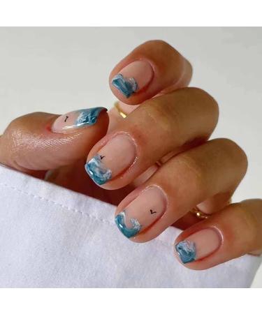 RikView French Tip Press on Nails Short Fake Nails Square Stick on Nails Nails with Waves Design Blue Nails for Women Short Square Blue