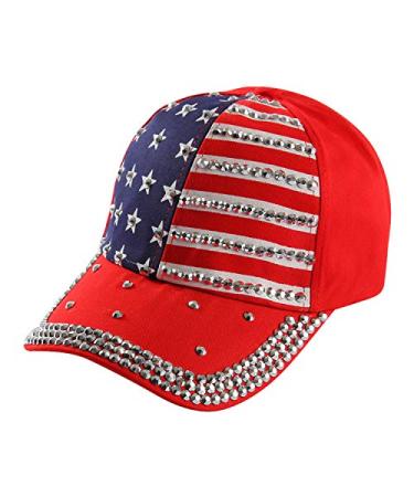 American Flag Rhinestone Baseball Hat US Flag Sparkle Denim Baseball Cap USA Bling Hat Men Women Hip Hop Caps Red One Size