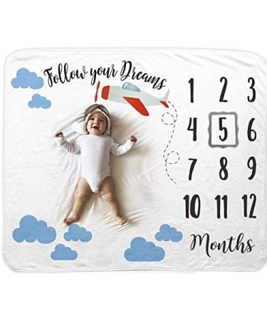 Baby Monthly Milestone Blanket with Felt Frame & Aviator Hat | 1-12 Months | Premium Soft Fleece | Photography Prop for Newborn Boy & Girl (Airplane) - Buy Online on SooperMarket.com