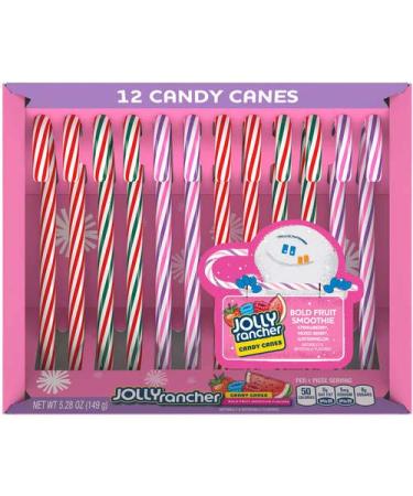 Hershey (1) Box Jolly Rancher Candy Canes - Bold Fruit Smoothie Flavors - Strawberry, Mixed Berry, Watermelon - 12pc Holiday Candy - Net Wt. 5.28 oz