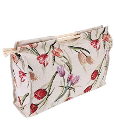 Knitting Tote Bag Exquisite Practical Wood Handle Woven Fabric Storage Bag for Knitting Needles Sewing Tools(Red Flower)