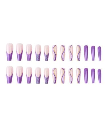 RikView Long Coffin Acrylic French Press on Nails - Bling Purple Nude Fake Nails - Buy Online on SooperMarket.com