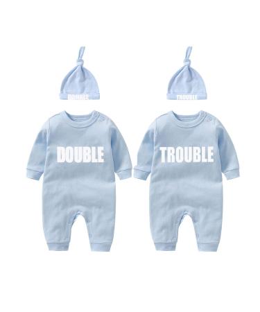 culbutomind Baby Twins Bodysuits Double Trouble Newborn Unisex Baby Romper Cute Outfit With Hat Blue BT 0-3 Months