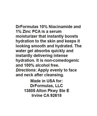 DrFormulas Niacinamide Zinc PCA Serum Moisturizer - Fungal Acne Safe Hydrating with Hyaluronic Acid & Aloe Vera | Noncomedogenic 1 oz - Buy Online on SooperMarket.com