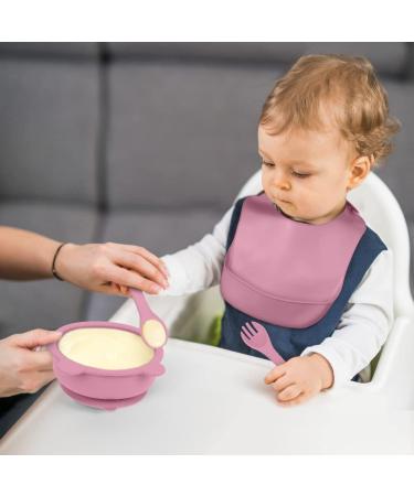 Vicloon Baby Weaning Set 4 Pcs | Silicone Feeding Set with Suction Plate, Bowl, Bib, Spoon & Fork | BPA Free | Toddlers & Kids Bowl Set | Pink Bear Sucker Bowl - Gift for Kids - Buy Online on SooperMarket.com
