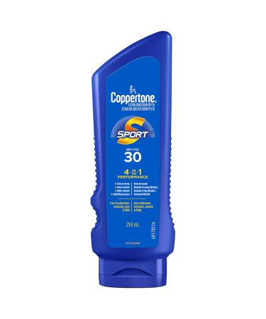 COPPERTONE Sport 4-in-1 Performance Sunscreen Lotion SPF 30 Water-Resistant and Lightweight Face and Body Sunscreen Oxybenzone Free Sunscreen with Broad Spectrum UVA/UVB Sun Protection 259 mL SPF 30 - Body Lotion 259 ml (Pack of 1)