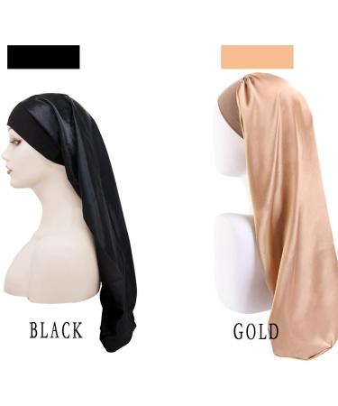 Ladaypoa Long Satin Sleeping Cap - 2 Large Sleeping Hats for Women | Extra Large Soft Satin Sleep Caps for Long Braids | Comfortable Black & Gold with Wide Elastic Ribbon - Buy Online on SooperMarket.com