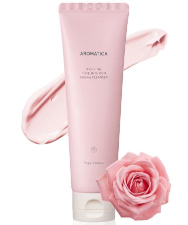 AROMATICA Reviving Rose Infusion Cream Cleanser 5.11oz /145g | Vegan Hydrating Foaming cleanser for dry skin | with Damask Rose Water and Rose Oil | Korean Skincare