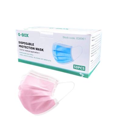 G-Box 3-Ply Adult Disposable Face Masks with Elastic Earloops & Metal Nose-wire (50, Pink) 50 Pink