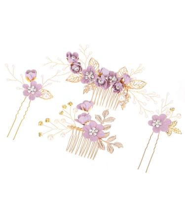 Toyvian Bridal Hair Piece 4pcs Handmade Wedding Hair Comb Clip Floral Girls Bridal Hair Accessories Rhinestone Hair Piece for Brides and Bridesmaid (Purple) Hair Combs