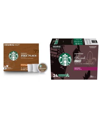 Starbucks Pike Place Medium Roast Coffee Single Serve Keurig K-Cup Pods 24 Capsules & French Roast Dark Roast Coffee Single Serve Keurig K-Cup Pods 24 Capsules