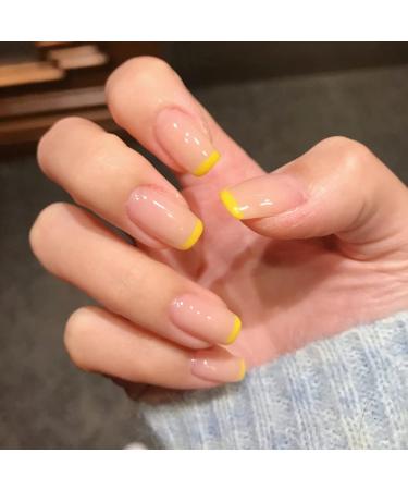 Handcess Short Shiny Square Artificial Nails - French Art Design in Yellow/Pink - 24 Press-On Nails for Women & Girls - Buy Online on SooperMarket.com