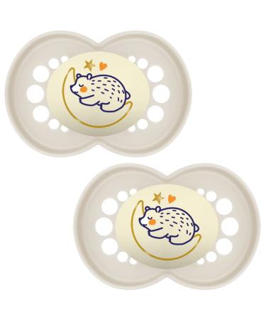 MAM Original Pure Night Soother 16+ Months (Set of 2) Sustainable and Bio-Renewable Baby Soother SkinSoft Silicone Teat Glow in the Dark Soother Cream (Designs May Vary)