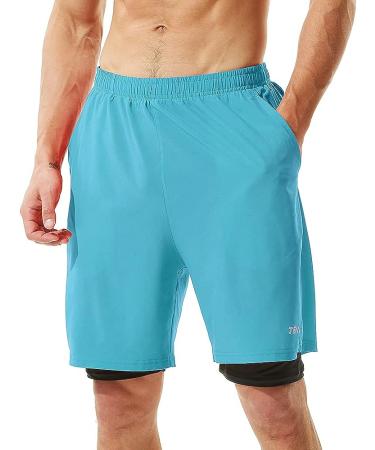 TENJOY Men's 2 in 1 Running Shorts - Quick Dry Athletic Workout Shorts with Phone Pockets (Light Blue, Large) - Buy Online on SooperMarket.com