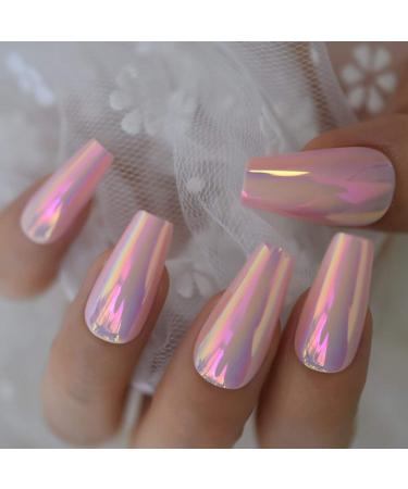 Shiny Holographic Pink Almond Press-On Nails | Long Reflective Ballerina Coffin Tips - L5672 - Buy Online on SooperMarket.com