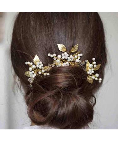 Gorais Pearl Bride Wedding Hair Pins - Leaf Bridal Hair Pieces Rhinestone Hair Clips (Pack of 3) - Gold Accessories for Women and Girls - Buy Online on SooperMarket.com