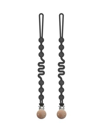 Seposeve Silicone Pacifier Clip with Adjustable Spring 2 Pack Pacifier Holder Clips for Baby Boys and Girls Soft Flexible Pacifier Leashes with 3 Textures One-Piece Design 2 Ink Black