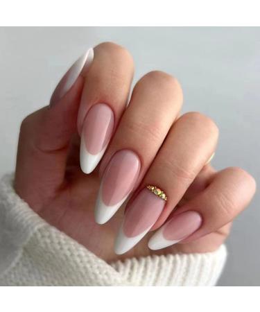 Light pink almond-shaped press on nails Medium length kquee nest natural acrylic nails glitter sequins full cover shiny fake nails designed press-on 24pcs white french