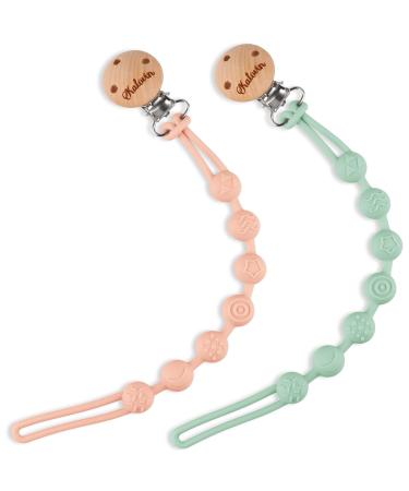 Pack of 2 One-Piece Design Silicone Pacifier Clip Holder Soft Silicone Teether Pacifier Strap with Clip Baby Teether Toys (Apricot/Mint)