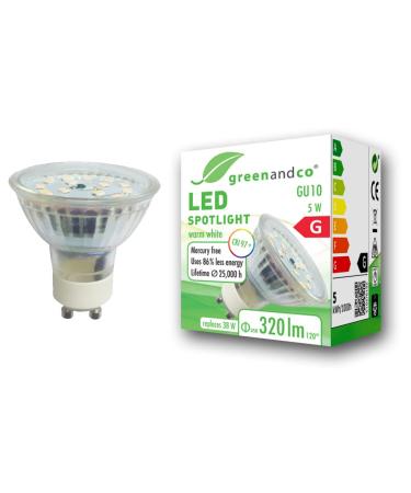 Greenandco CRI 97+ GU10 LED Spot 5W 320 LM 110 2700K warm white 230V flicker -free not dimmable 2 years guarantee 5W 2700k 110 1 piece (1 Pack)