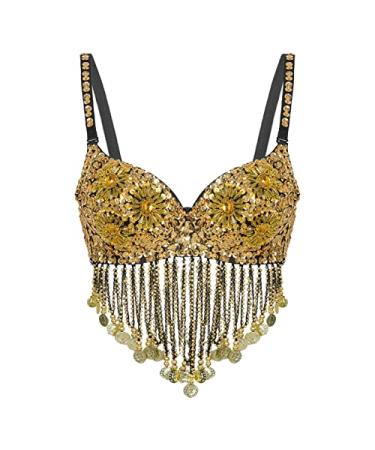 YOOJOO Women Tribal Sequin Cabaret Belly Dance Costumes Bra Tops with Beaded Fringe Latin Samba Dancing Costumes Black
