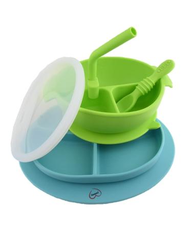Yummy Baby Toddler Weaning Silicone Suction Divided Plate Bowl with Lid & Matching Spoon and Straw -Kids Placemat Stay Put Non Slip Feeding Dish BPA Free -((Green Set)