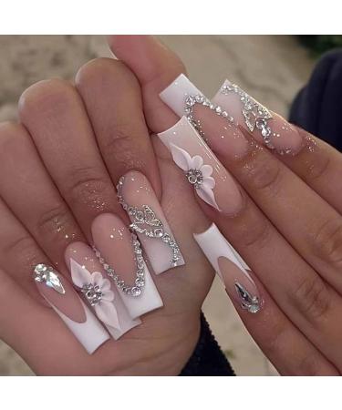 RikView French Tip Nails Square Press on Nails Long Fake Nails with 3D Flowers White Nails Glossy Stick on Nails 24 PCS Long White French