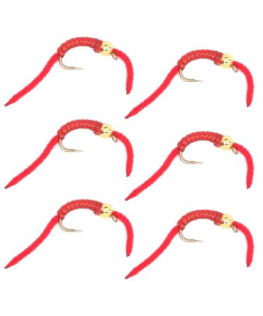 The Fly Fishing Place Trout Nymph Fly - San Juan Worm Power Bead 1/2 Dozen Gold Bead Red V-Rib #10 Nymph Wet Flies