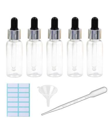 5Pcs Transparent Dropper Bottle 50ML Plastic Eye Dropper Bottles for Essential Oil Pipette Refillable - with Measured Pipette Funnel and Labels (Black + Silver Cap) 50ml Black + Silver Cap