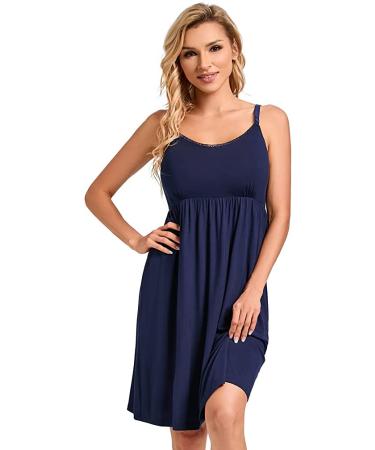 Sosolism Women's Nursing Nightdress with Padded Lace Trim Breastfeeding Dress Adjustable Strap Maternity Nursing Dress Dark Blue S