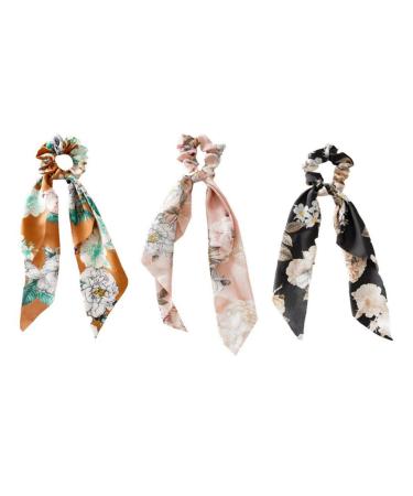 3PCs hair scarf scrunching set hair scarf scrunch satin bowknot hair scrunchy floral bowknot ponytail holder hair bands with long cocks for women girls hair