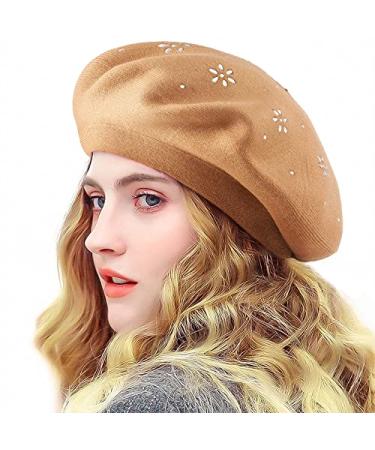 LADYBRO Rhinestone Beret Hats for Women 2 Layers Wool French Hat Lady Winter Black Red Light Tan (Floral Pattern)